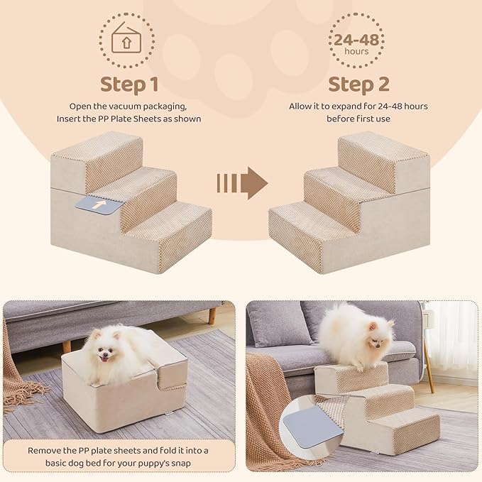 3-Step Dog Stairs, 13.5'' H Dog Stairs for Small Dogs for Bed Couch and Sofa, Non-Slip Bottom Pet Stairs for Small Dogs and Cats, Indoor Pet Steps Dog Ramp for Bed, Beige