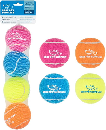 Best Pet Supplies Squeaky Tennis Toys for Dogs, 4-Pack, Heavy-Duty Interactive Pet Toys for Throwing and Fetching, Supports Exercise and Natural Behavior Training, Durable - Medium