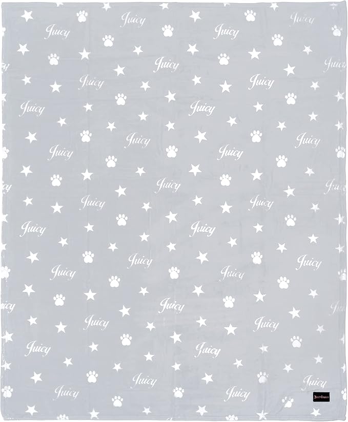 Juicy Couture Grey Paws and Stripes Dog Blanket with Sherpa Bone Shaped Pillow – Plush Puppy Blanket Throw