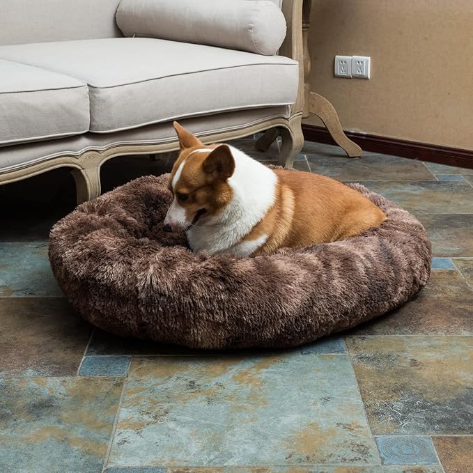 Oval Calming Donut Cuddler Dog Bed Bed(30"/36"/43") for (XL(36"x27"x7"), Brown2021)