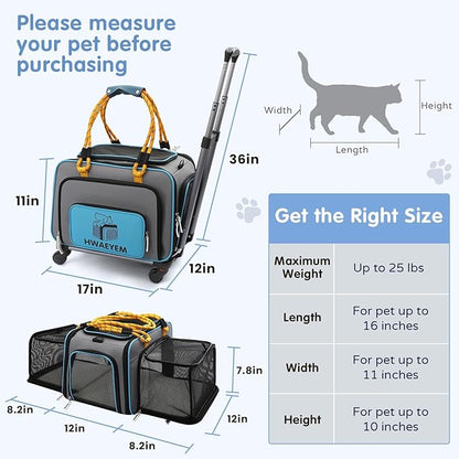 Airline Approved Cat Dog Carrier with Wheels, Pet Travel Carrier Crate for Small Dogs, Soft Cat Carrier Two Sided Expandable for Medium Dogs Under 25LBS (18 x 11 x 11 Inches)