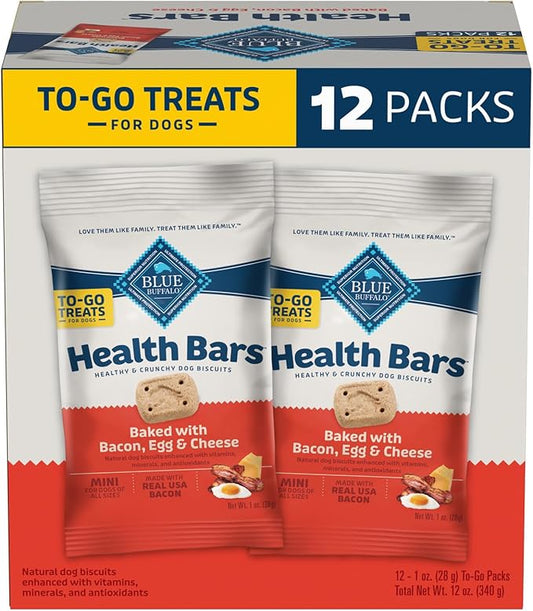 Blue Buffalo Health Bars Natural Crunchy Dog Treats TO-GO, Mini Biscuits, Bacon, Egg & Cheese 1-oz Bags (Pack of 12)