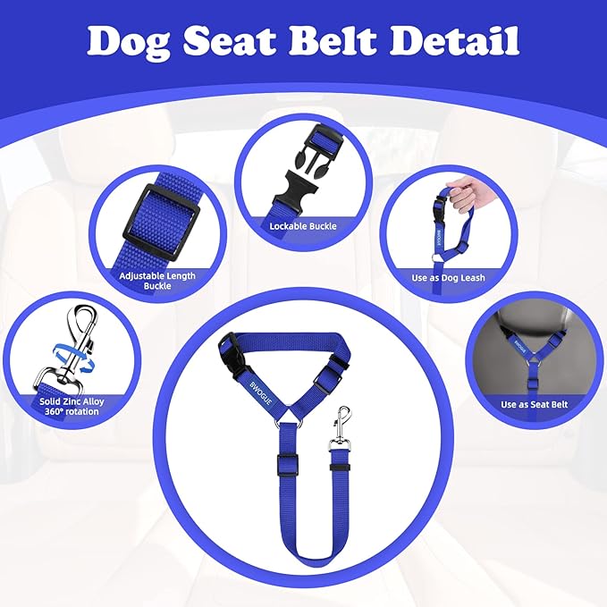 BWOGUE 2 Packs Dog Cat Safety Seat Belt Strap Car Headrest Restraint Adjustable Nylon Fabric Dog Restraints Vehicle Seatbelts Harness Dark Blue