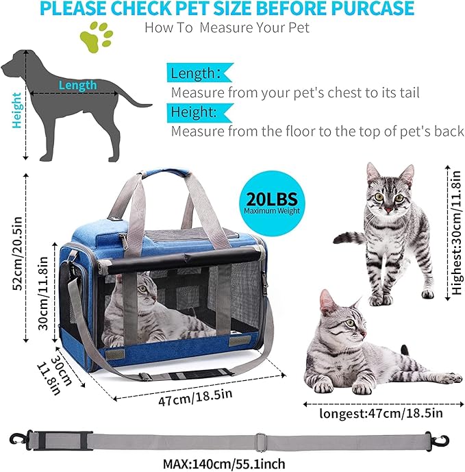 Cat Carrier Large Pet Carrier for 2 Cat, 18.5"x11.8"x11.8" Cat Bag for Midium Large Cats Airline Approved Dog Carrier for Small Dogs, Cat Travel Carrier Foldable 5-Windows Breathable Mesh Design