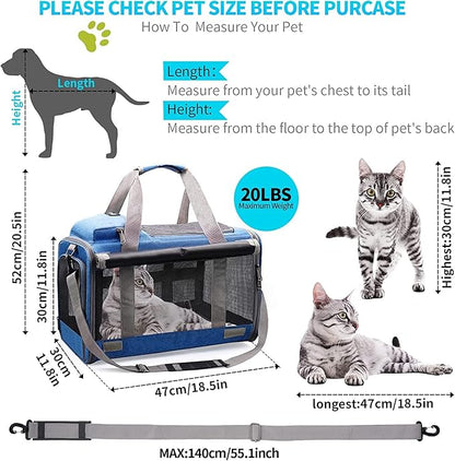 Cat Carrier Large Pet Carrier for 2 Cat, 18.5"x11.8"x11.8" Cat Bag for Midium Large Cats Airline Approved Dog Carrier for Small Dogs, Cat Travel Carrier Foldable 5-Windows Breathable Mesh Design