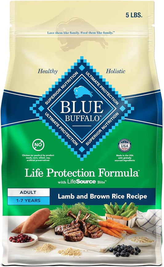 Blue Buffalo Life Protection Formula Adult Dry Dog Food, Helps Build and Maintain Strong Muscles, Made with Natural Ingredients, Lamb & Brown Rice Recipe, 5-lb. Bag