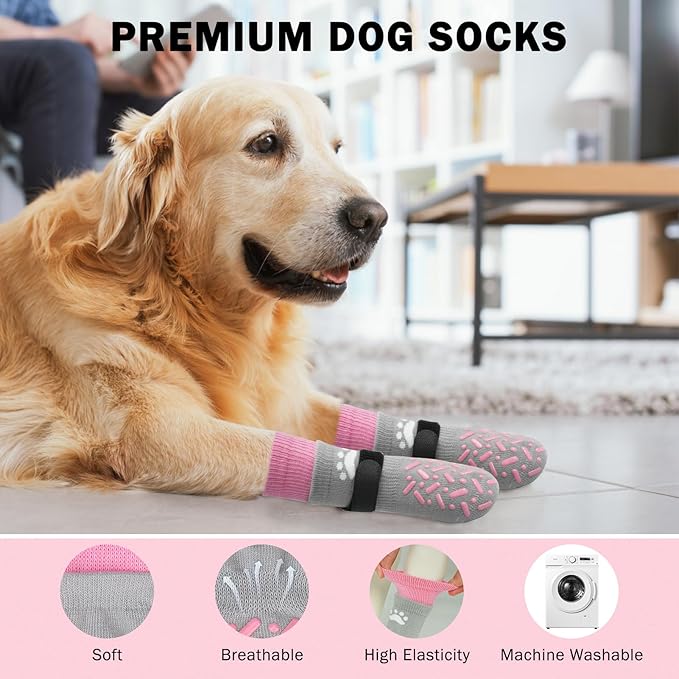 SCENEREAL Dog Socks to Prevent Licking Paws for Hot Pavement, Anti Slip Long Dog Grip Socks for Hardwood Floors, Dog Shoes Booties&Paw Protector for Small Medium Large Senior Dog, Pet Socks for Wounds