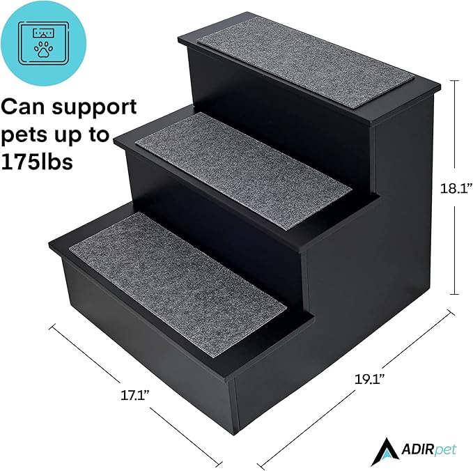 AdirPets Deluxe 3-Step Pet Stairs - Dog Steps for High Bed and Couch - Portable Ramp Stair for Small Dogs and Cats - Non-Slip Surface and Carpeted Treads - Supports Up to 175 lbs Weight (Black)