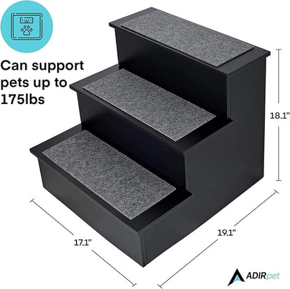 AdirPets Deluxe 3-Step Pet Stairs - Dog Steps for High Bed and Couch - Portable Ramp Stair for Small Dogs and Cats - Non-Slip Surface and Carpeted Treads - Supports Up to 175 lbs Weight (Black)