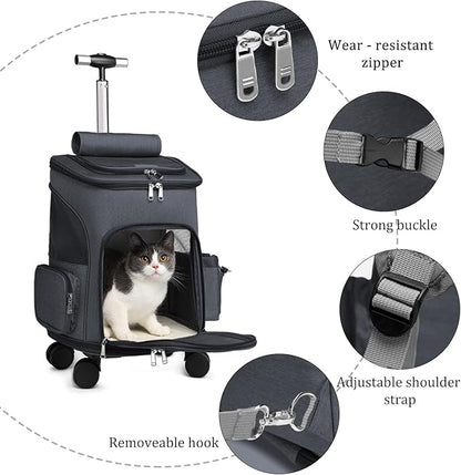 Wheeled Pet Carrier Backpack Breathable Pet Carrier with Wheels Collapsible Dog Backpack Carrier for Small Dogs Cats Puppy Dog Stroller Travel Carrier… (Black)