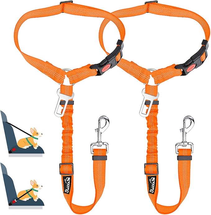 Lukovee Dog Car Seat Belt, 2 Pack Headrest Restraint Seatbelt, Adjustable Pet Safety Leads with Reflective Elastic Bungee for Dog Harness Collar Travel Daily Use (Orange,Headrest + Clip)