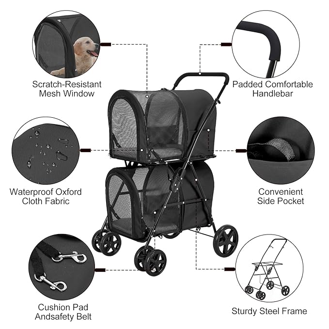 Double Pet Stroller for Dogs and Cats with 2 Detachable Carrier 4 Wheels,