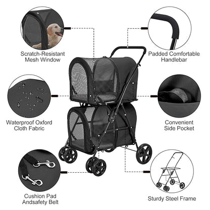 Double Pet Stroller for Dogs and Cats with 2 Detachable Carrier 4 Wheels,