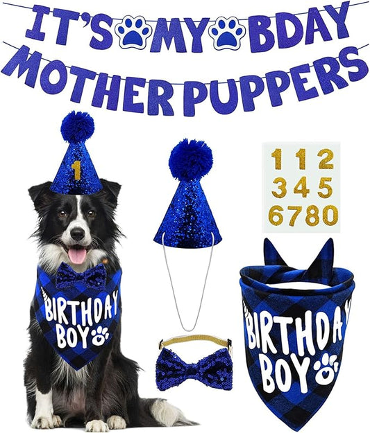 Dog Birthday Party Supplies, LMSHOWOWO Multi Sizes Dog Birthday Bandana Boy Dog Birthday Hat Bow Tie Numbers It’s My Bday Mother Puppers Banner for Large Extra Large Dogs Pets (X-Large)