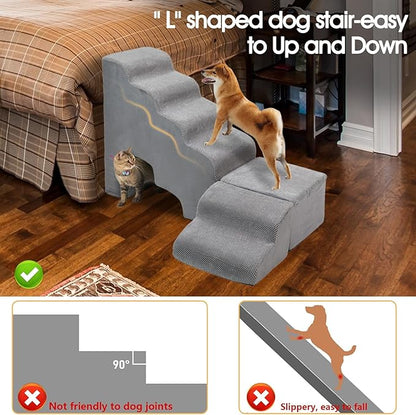 30” Dog Stairs for High Beds, AFATI Pet Stairs, Adjusts to Either Side of Bed, L Shaped Foam Pet Stairs for High Beds, 30 in Height 6 Tier Dog sSteps for Bed, Multifunctional Dog Ramp for Small Dog