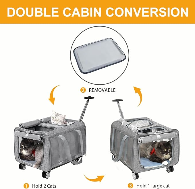 Double Compartment Cat Carrier with Wheels for 2 Cats,Rolling Cat Travel Carrier on Wheels for 2 Small or Medium Cats, Cat Carrier for 2 Cats 21" x 17" x 13",Not Airline Approved