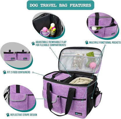 PetAmi Dog Travel Bag, Travel Pet Bag Organizer, Dog Food Travel Bag with Food Container and Bowls, Dog Travel Supplies Gift Accessories for Weekend Camping, Dog Cat Diaper Bag (Purple, Medium)