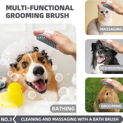 6-in-1 Grey Pet Grooming Kit: Hair Brush, Towel, Washing Gloves, Slicker Brush, and Shampoo Scrubber for Dogs and Cats