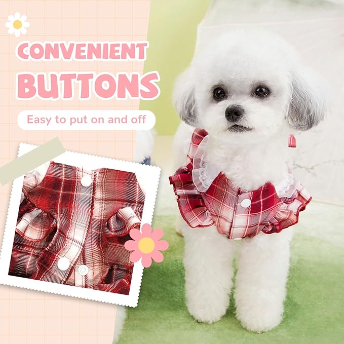 Plaid Dog Dress for Small Dogs Cats Bowknot Girl Dog Clothes with D-Ring Cute Princess Pet Puppy Dresses Spring Summer Pet Outfits for Chihuahua Yorkies Shih Tzu（Red