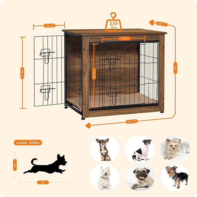 DWANTON Dog Crate Furniture with Cushion 27.2" L,