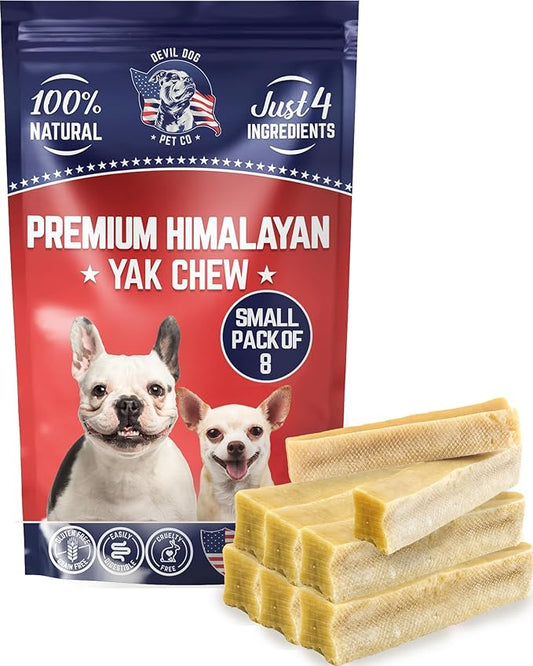 Devil Dog Pet Co. Himalayan Yak Chews – Small 8 Pack, Yak Cheese Dog Chews, 100% Natural & Healthy, Odor Free, Long Lasting, Yak Chew Treats – Premium Yak Milk Dog Chew, Yak Bones for Dogs