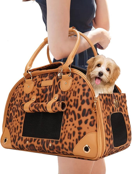 Dog Carrier, Cat Carrier, Pet Carrier, Foldable Premium PU Leather Dog Purse, Portable Tote Bag Carrier for Small to Medium Cats and Small Dogs（Leopard Print-Medium）