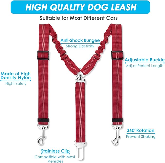 SlowTon Dog Seat Belt, Double Dog Seatbelt Adjustable Vehicle Safety Leash with Elastic Bungee Buffer, Reflective No Tangle Y Shape Two Dog Harness Seat Belt Splitter for Pets Car Trip (Red, M)