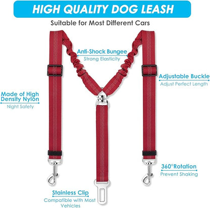 SlowTon Dog Seat Belt, Double Dog Seatbelt Adjustable Vehicle Safety Leash with Elastic Bungee Buffer, Reflective No Tangle Y Shape Two Dog Harness Seat Belt Splitter for Pets Car Trip Travel (Red, S)