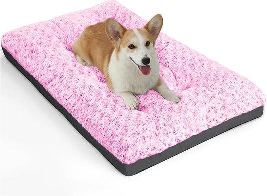 POCBLUE Deluxe Washable Dog Bed for Medium Dogs Dog Crate Mat 30 inch Comfy Fluffy Kennel Pad Anti-Slip for Dogs Up to 40 lbs 30" x 19", Pink