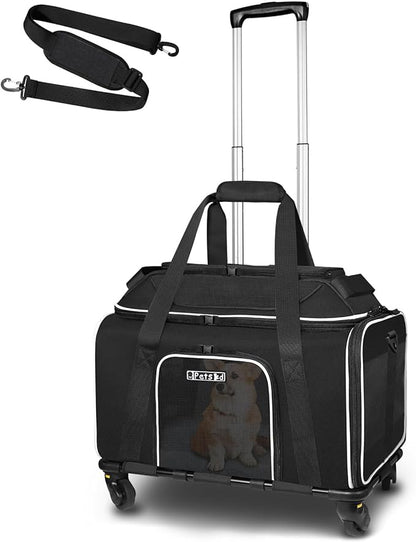 Petskd Top-Expandable Pet Carrier with Wheels 17x13x9.5 Inches Southwest Allegiant Airline Approved, Soft-Sided Carrier for Small Cats Dogs with Locking Safety Zippers and Anti-Scratch Mesh(Black)