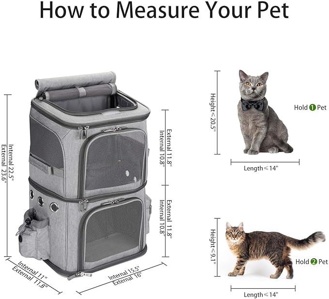 Double-Compartment Pet Carrier Backpack for Small Cats and Dogs, Cat Travel Carrier for 2 Cats, Perfect for Traveling/Hiking/Camping, Grey, XL