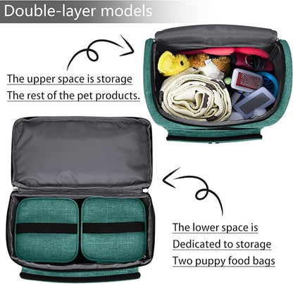 BAGLHER Pet Travel Bag, Double-Layer Pet Supplies Backpack (for All Pet Travel Supplies), Pet Travel Backpack with 2 Silicone Collapsible Bowls and 2 Food Baskets Green