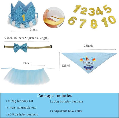 Dog Birthday Party Supplies Set,Boy Girls Dog Birthday Bandana,Cute Small dog Birthday Hat,Tutu,Dog Bow Tie Collar with 0-8 Numbers,Birthday Decorations for Cat,Dogs First Birthday(Blue-2,Small)