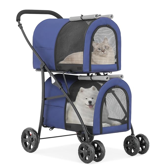 MoNiBloom Double Dog Stroller with Detachable Carrier Bags Large 4 Wheels Foldable Jogger for Small and Medium Dog Cats, Navy Blue/Gray