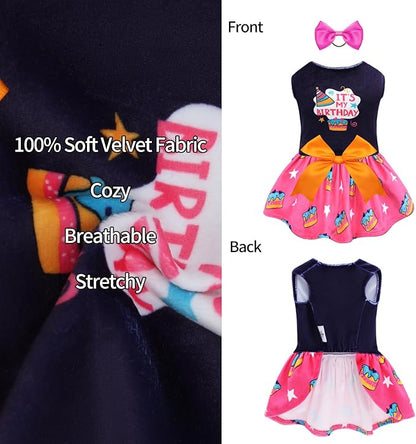 CuteBone Birthday Dog Dresses Velvet Holiday Small Dogs Clothes Onesie Pet Apparel Girl Puppy Skirt with Bow Hair Rope CVA51S-D
