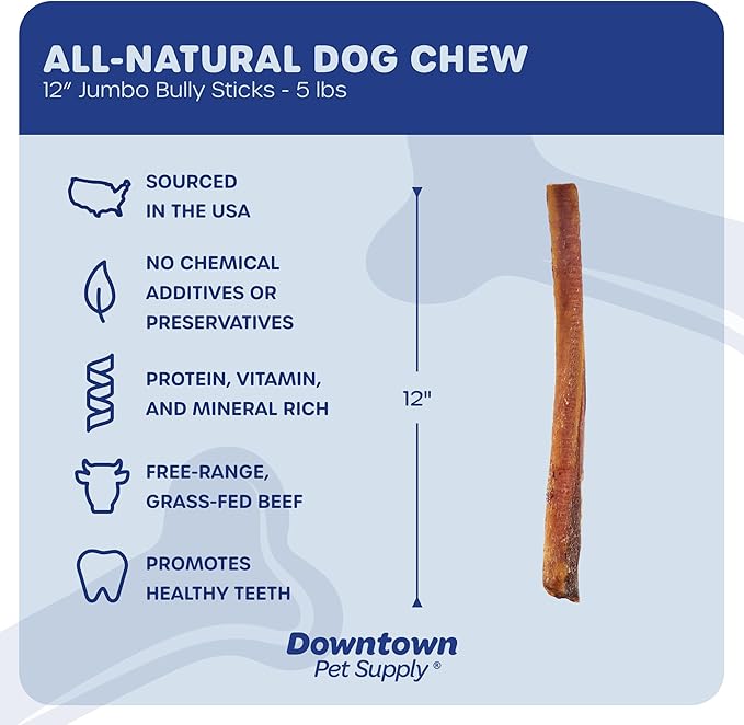 Downtown Pet Supply USA Sourced 12", 5 Lb. Jumbo Bully Sticks for Large Dogs - Rawhide Free Dog Chews Long Lasting and Non-Splintering - Single Ingredient, Low Odor Bully Sticks for Medium Dogs