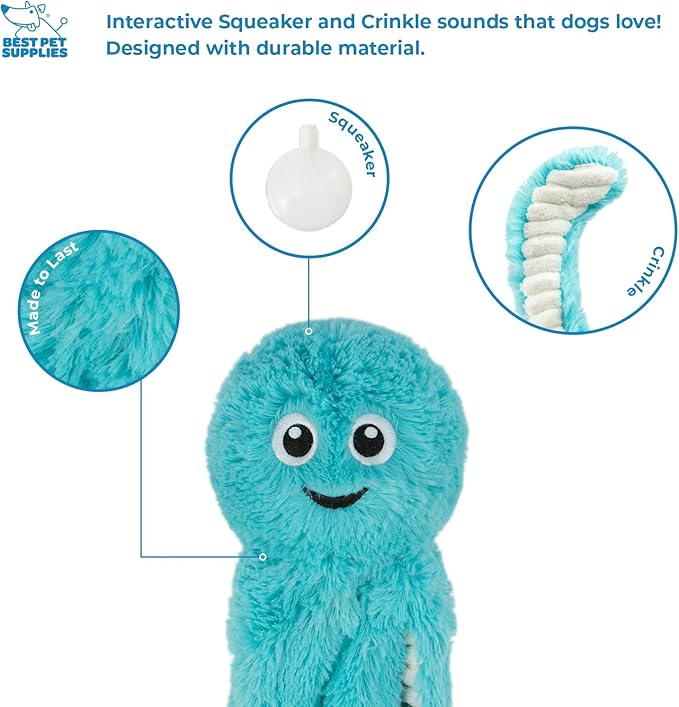 Best Pet Supplies OctoMutant Crinkle Plush Dog Toys for Interactive Play, Puppy and Senior Indoor Play, Colorful Octopus Toy Shape, Soft Head Stuffing, Cute and Cuddly - Turquoise