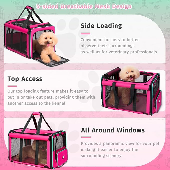 Pet Carrier, Collapsible Large Cat Carrier for 2 Cats, Soft Top Load Cat Carrier Bag for Small Medium Large Cat & Dog Under 30 lbs, Cat Travel Carrier Bag with Safety Lock Zipper, Pink