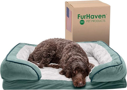 Furhaven Cooling Gel Dog Bed for Large/Medium Dogs w/ Removable Bolsters & Washable Cover 55 lbs