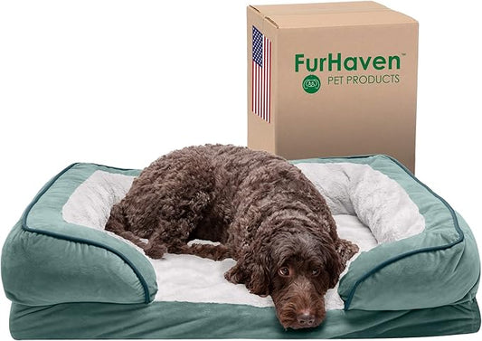 Furhaven Cooling Gel Dog Bed for Large/Medium Dogs w/ Removable Bolsters & Washable Cover 55 lbs