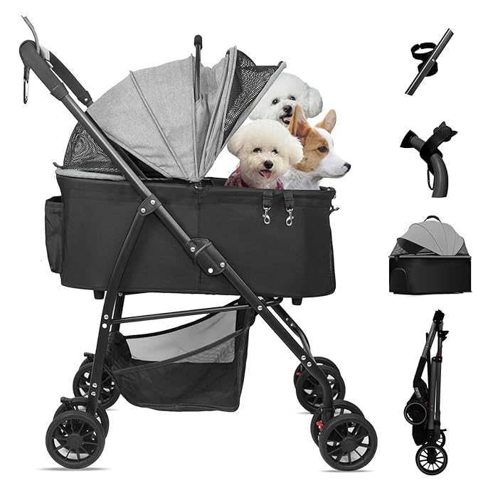 MILA&LOUIS Foldable Dog Stroller 4 Wheels 3 in 1 Folding 30lbs