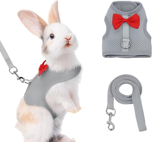 AIITLE Rabbit Harness and Leash Set with Cute Bow, Soft Breathable Mesh Vest Harness for Rabbits Kitten Ferret Puppy Small Pets Walking Supplies Grey L