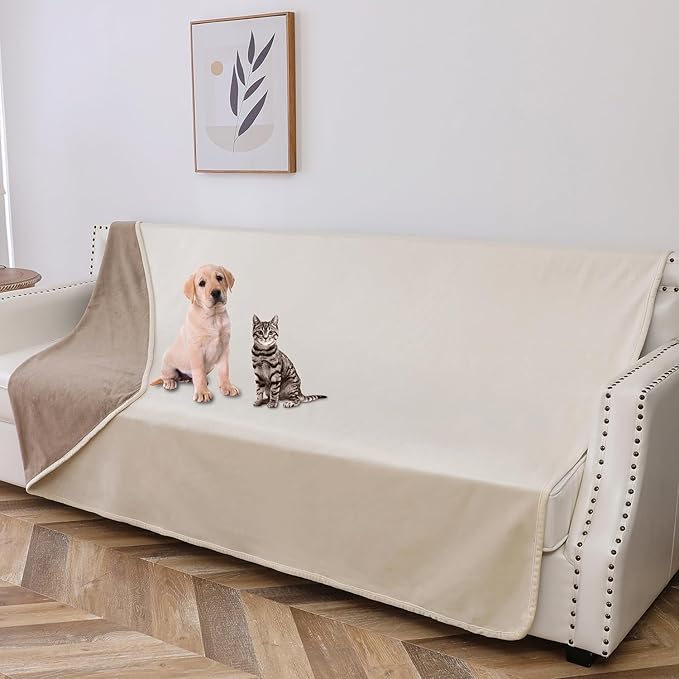 100% Waterproof Dog Blanket,68x82 inches Adult Love Blanket Leak Proof Pet Couch Throw for Sofa, Bed Furniture Protector Covers from Dogs Puppys Cats Washable-Beige+Khaki