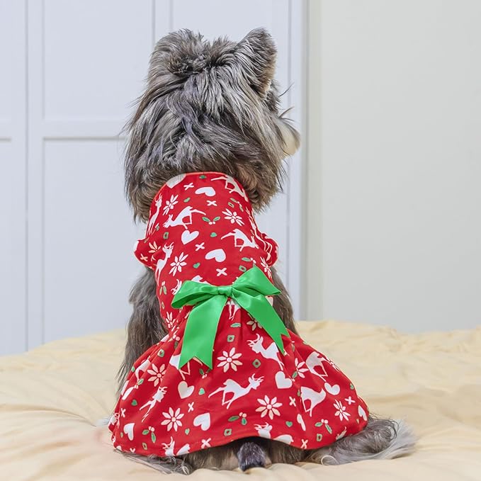 CuteBone Dog Dresses Velvet Holiday Small Dogs Clothes Onesie Pet Apparel Girl Puppy Skirt with Bow Hair Rope CVA31S