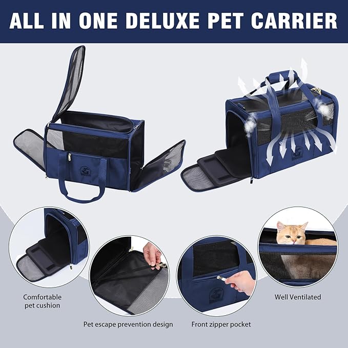 Luxury Pet Carrier for Dogs, Cats, Puppies - Airline TSA Approved, Durable Anti-Scratch Fabric, Soft-Sided, Consistent Airflow, Foldable Design, Cushion Pad, Travel (Navy Blue, Large)