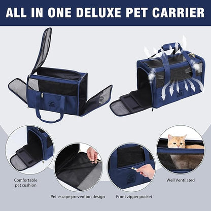 Luxury Pet Carrier for Dogs, Cats, Puppies - Airline TSA Approved, Durable Anti-Scratch Fabric, Soft-Sided, Consistent Airflow, Foldable Design, Cushion Pad, Travel (Navy Blue, Large)