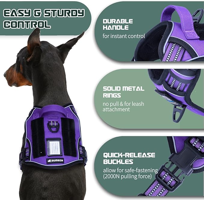 BUMBIN Tactical Dog Harness for Large Dogs No Pull, Famous TIK Tok No Pull Puppy Harness, Fit Smart Reflective Pet Walking Harness for Training, Adjustable Dog Vest Harness with Handle Purple L