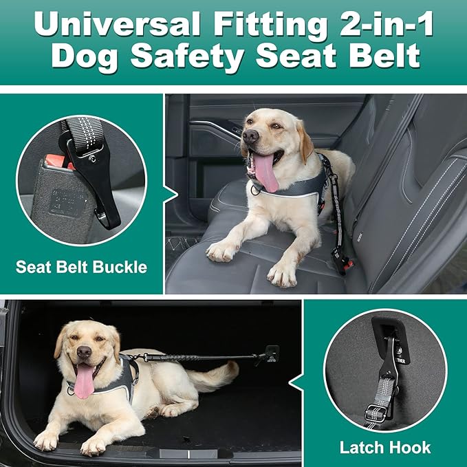 Junreox 2 Packs Dog Seat Belt, 3rd Generation Dog Seatbelt Harness with Adjustable Metal Buckle, Elastic Bungee Reflective Vehicle Car Headrest Restraint Tether for Small Medium Large Dogs Pet