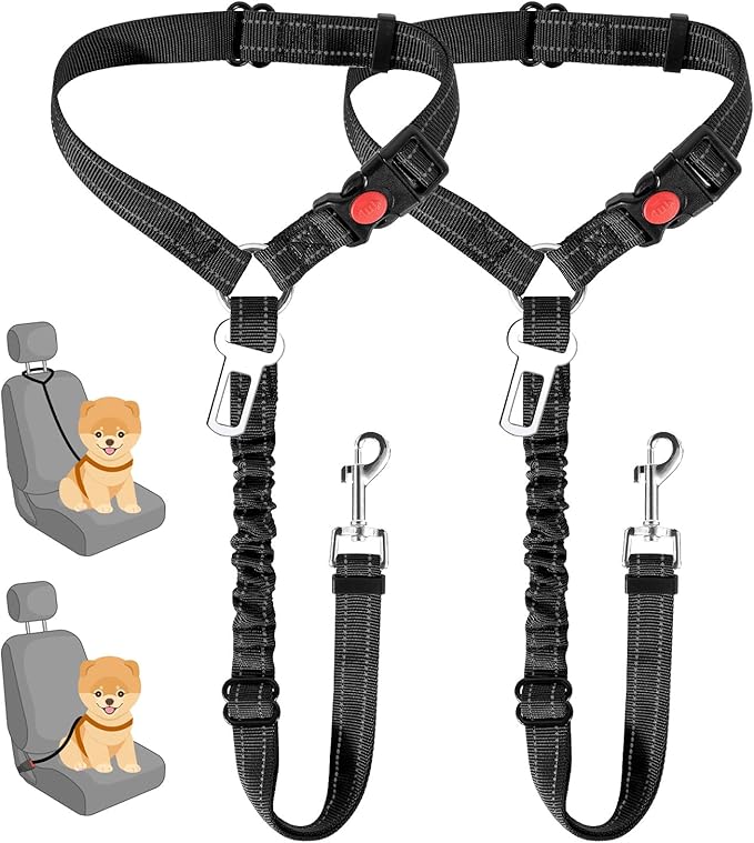 Lukovee Dog Car Seat Belt, 2 Pack Headrest Restraint Seatbelt, Adjustable Pet Safety Leads with Reflective Elastic Bungee for Dog Harness Collar Travel Daily Use (Black,Small, Headrest+Clip)