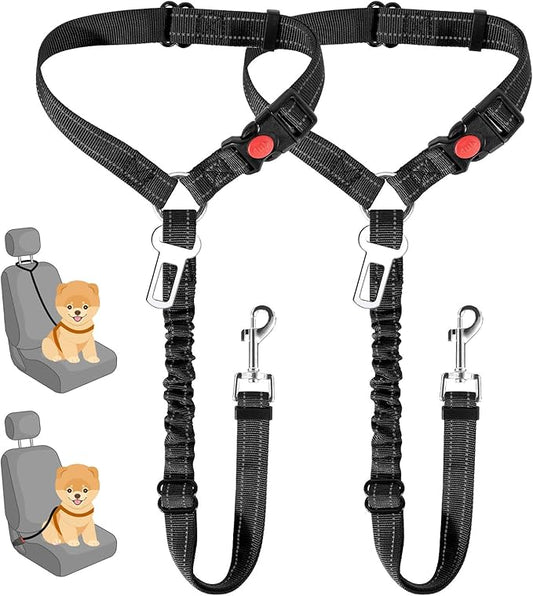 Lukovee Dog Car Seat Belt, 2 Pack Headrest Restraint Seatbelt, Adjustable Pet Safety Leads with Reflective Elastic Bungee for Dog Harness Collar Travel Daily Use (Black,Small, Headrest+Clip)